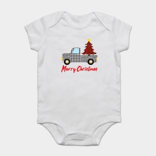 Merry Christmas Funny Buffalo Plaid Truck Baby Bodysuit